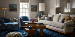 Interior of living room in Provincetown with two blue chairs and a beige sofa.