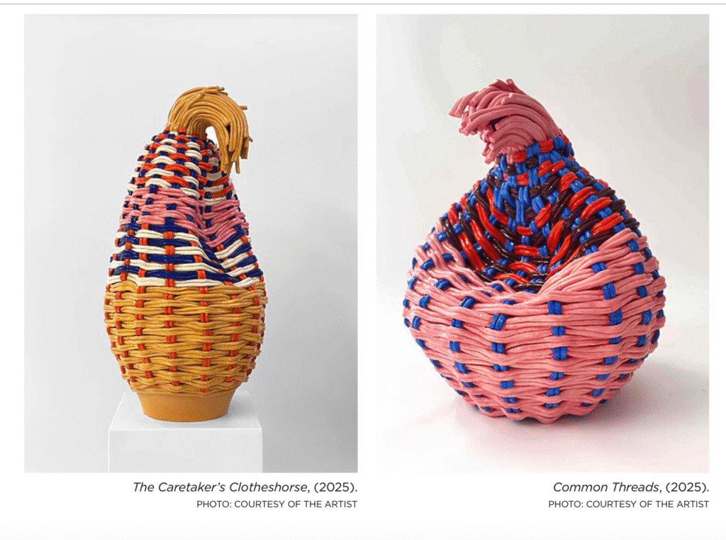 Woven ceramic vessels in bright colors
