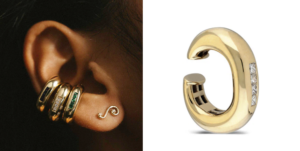 Left side, close up of ear with stacked gold ear cuffs. Right side, single ear cuff, gold, with diamonds.
